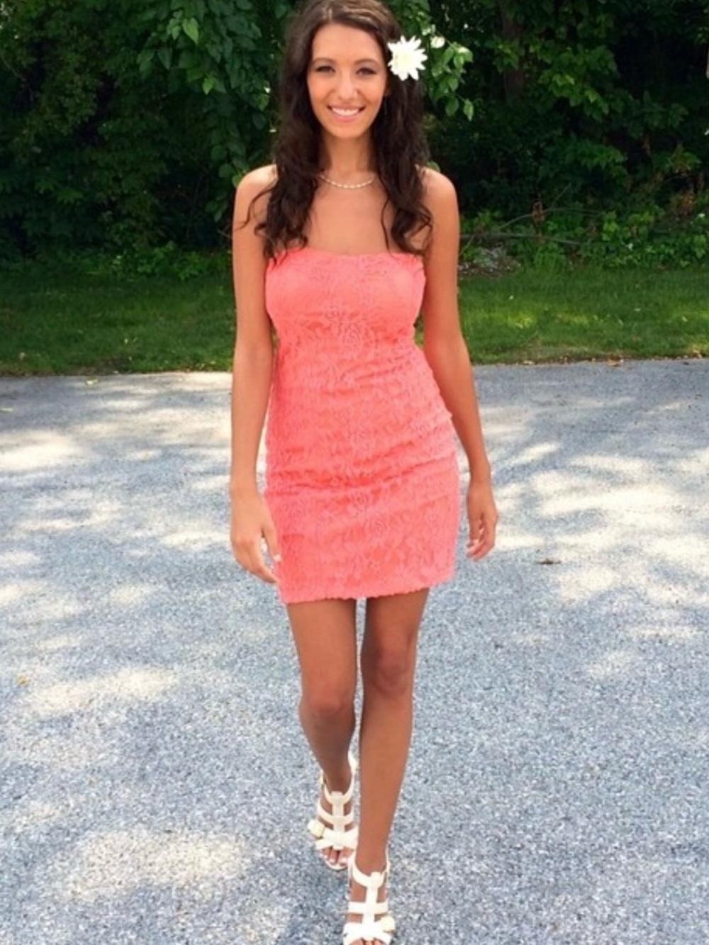 Coral lace strapless dress